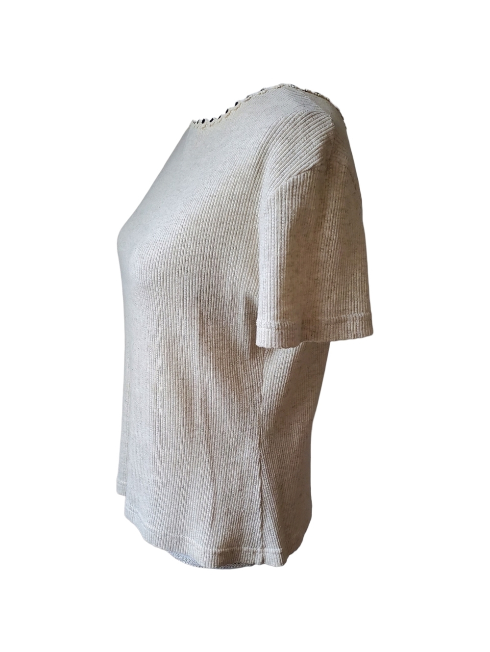 Francine B 90's Ribbed Knit Top Oatmeal Short Sleeve Flower Trim Neckline Size L - Picture 4 of 8